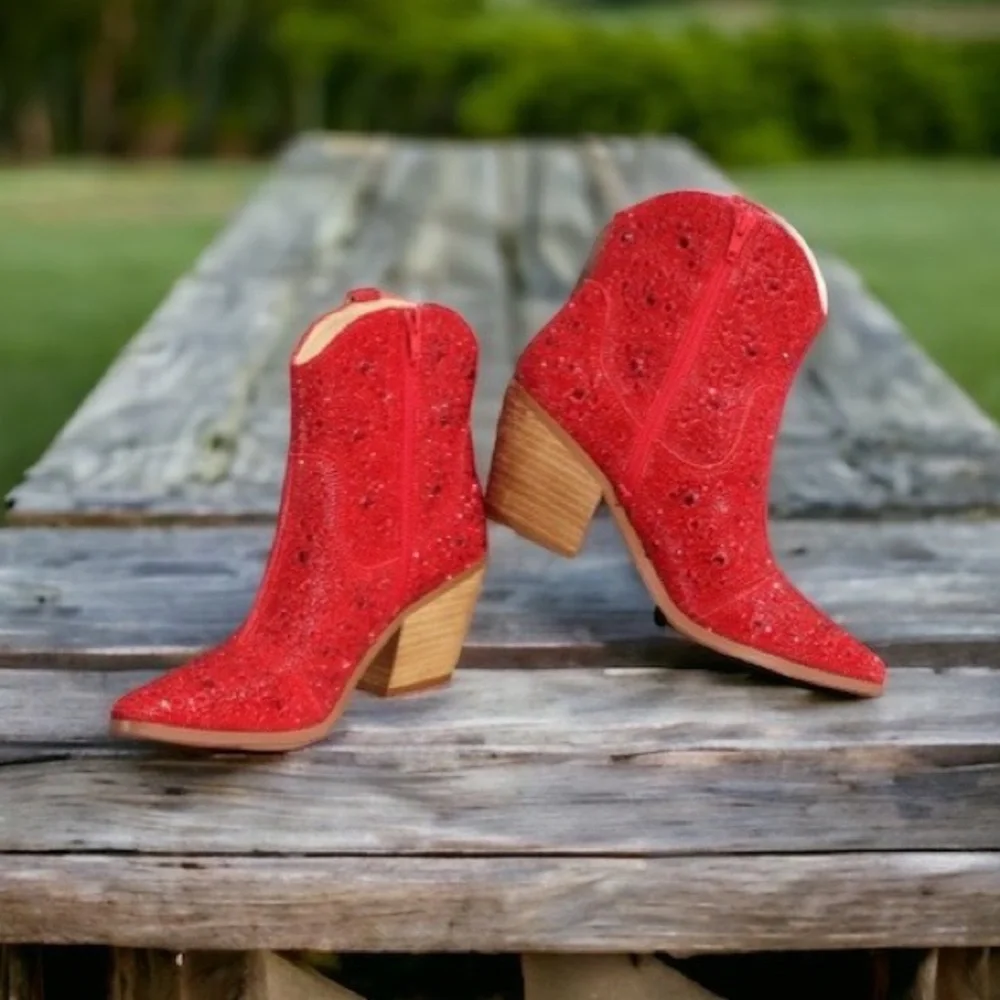 MIIM ANGEL Red Rhinestone Gem Embellished Ankle Western Heeled Cowboy Boots